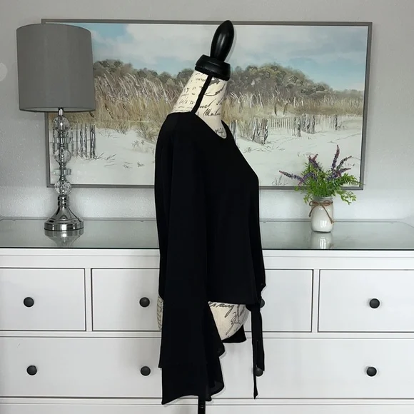 Self 💚 Esteem Bell Sleeve Mid-Crop Pullover Sheer Tie Front Blouse in Jet-black - Picture 5 of 8